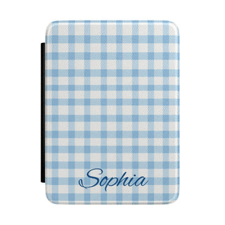 Blue gingham Kindle case front cover with a name in navy script