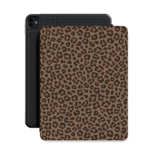 Brown leopard print iPad case shown with an iPad