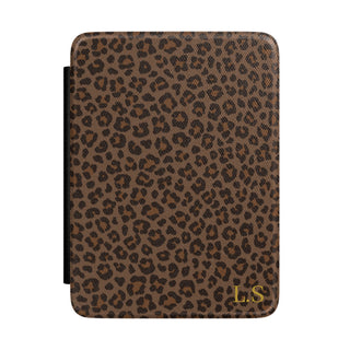 Brown leopard print Kindle case front cover with gold initials