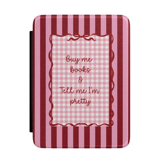 Buy Me Books Kindle case with pink and burgundy striped gingham cover
