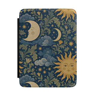 Celestial Garden Kindle case front cover with a golden sun and crescent moons