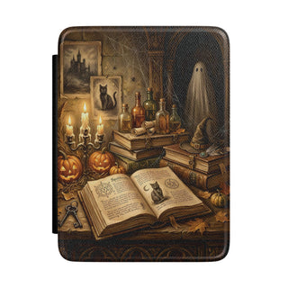 Haunted Library Kindle case front cover with pumpkins, candles and a ghost