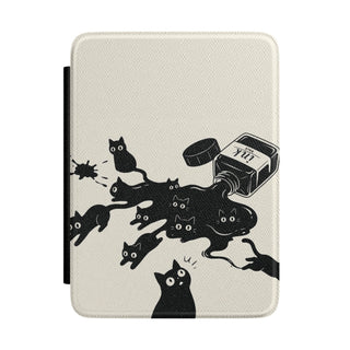 Ink Spill Cats Kindle case front cover with black cats and a tipped ink pot