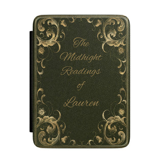 Midnight Readings Kindle case front cover in dark green with gold scrollwork and a name