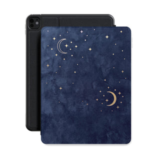 Navy Crescent Moon iPad case front cover over a black iPad