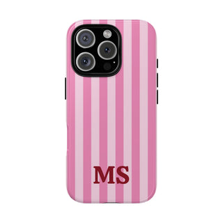 Pink Cabana Stripe tough phone case with candy pink stripes and custom initials