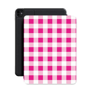Pink gingham iPad case shown with an iPad