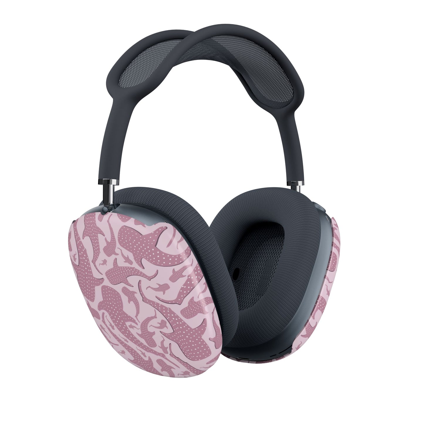 Two-tone pink whale shark design curving across a glossy AirPods Max ear cup shell