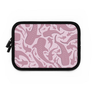 Pink whale shark laptop sleeve with dusty rose spotted sharks scattered across a pale pink field