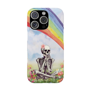 Rainbow Skeleton snap phone case back view with a watercolour skeleton and rainbow