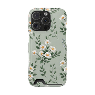 Sage Daisy phone case with card holder, daisies on sage green