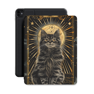 Tarot Cat iPad case standing in front of a black iPad