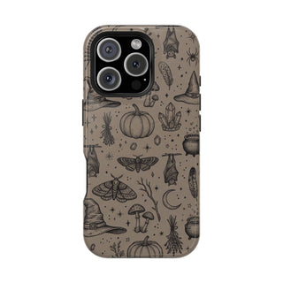 Witchy Sketchbook tough magnetic phone case with bats and pumpkins on taupe