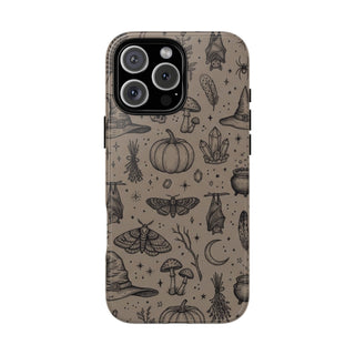 Witchy Sketchbook tough phone case with hand-drawn witch hats and moths on taupe
