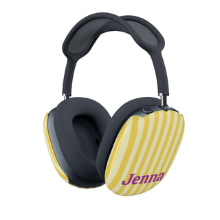 Yellow cabana stripe AirPods Max shells fitted on a pair of headphones with a custom name