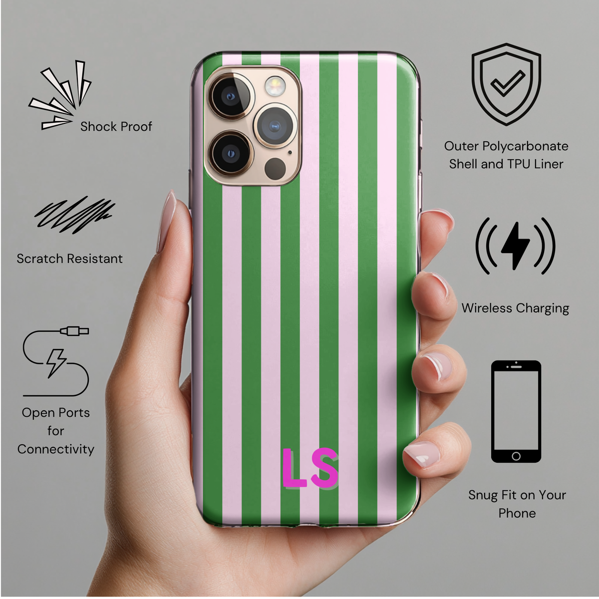 Green Cabana Stripe personalized tough phone case, view 2