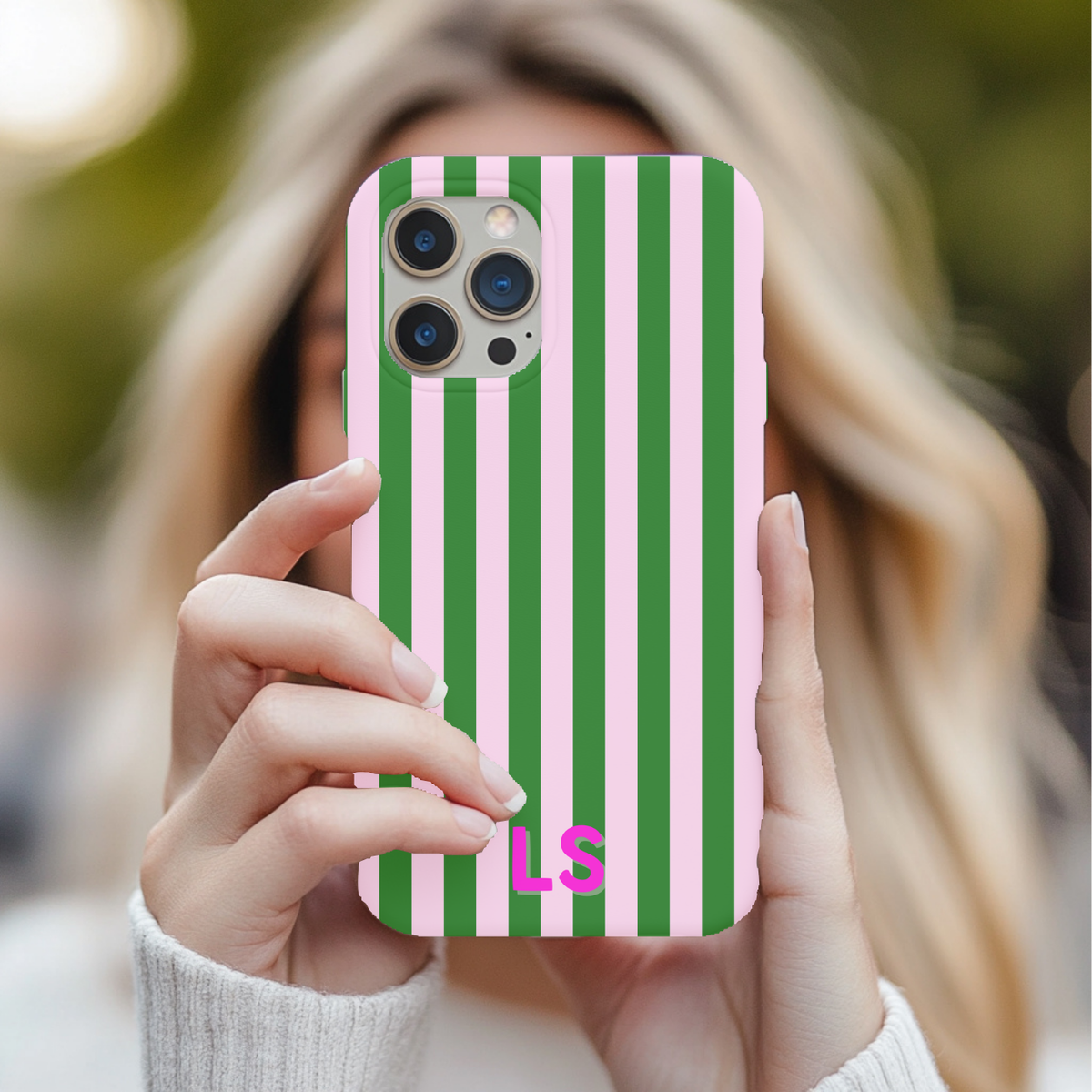 Green Cabana Stripe personalized tough phone case, view 3