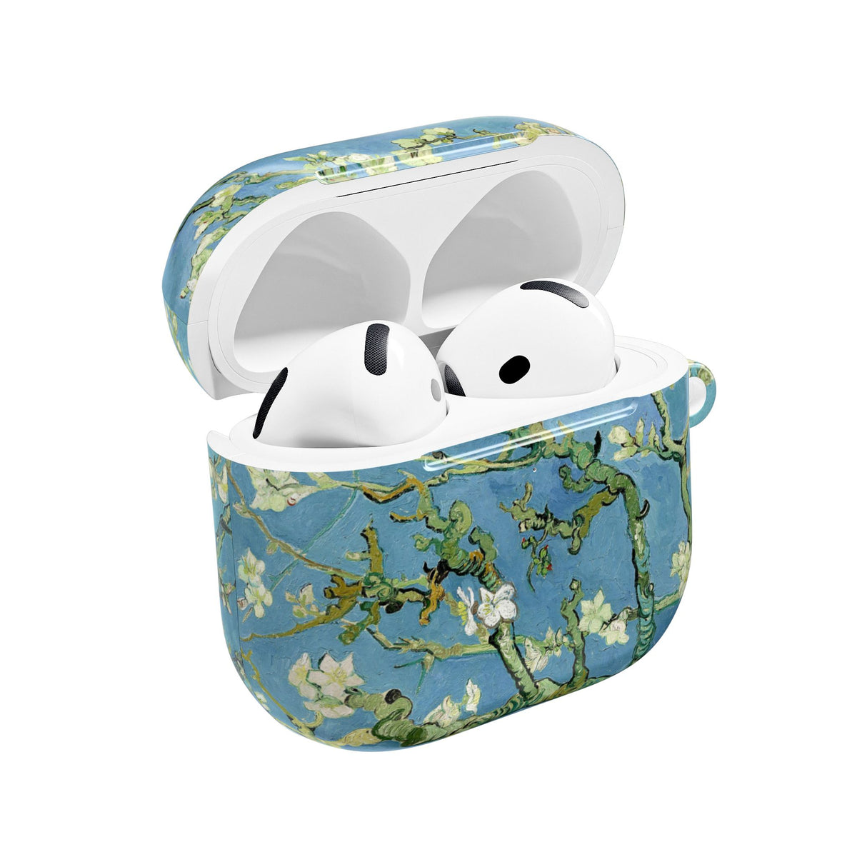 Almond Blossom AirPods case open with earbuds inside