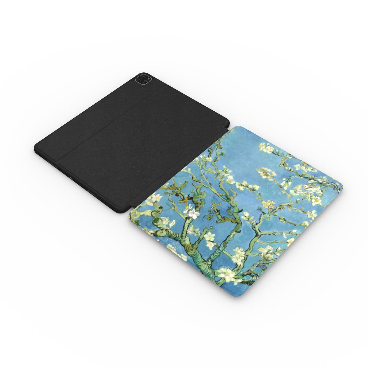 Almond Blossom iPad case open, showing the printed front and black back