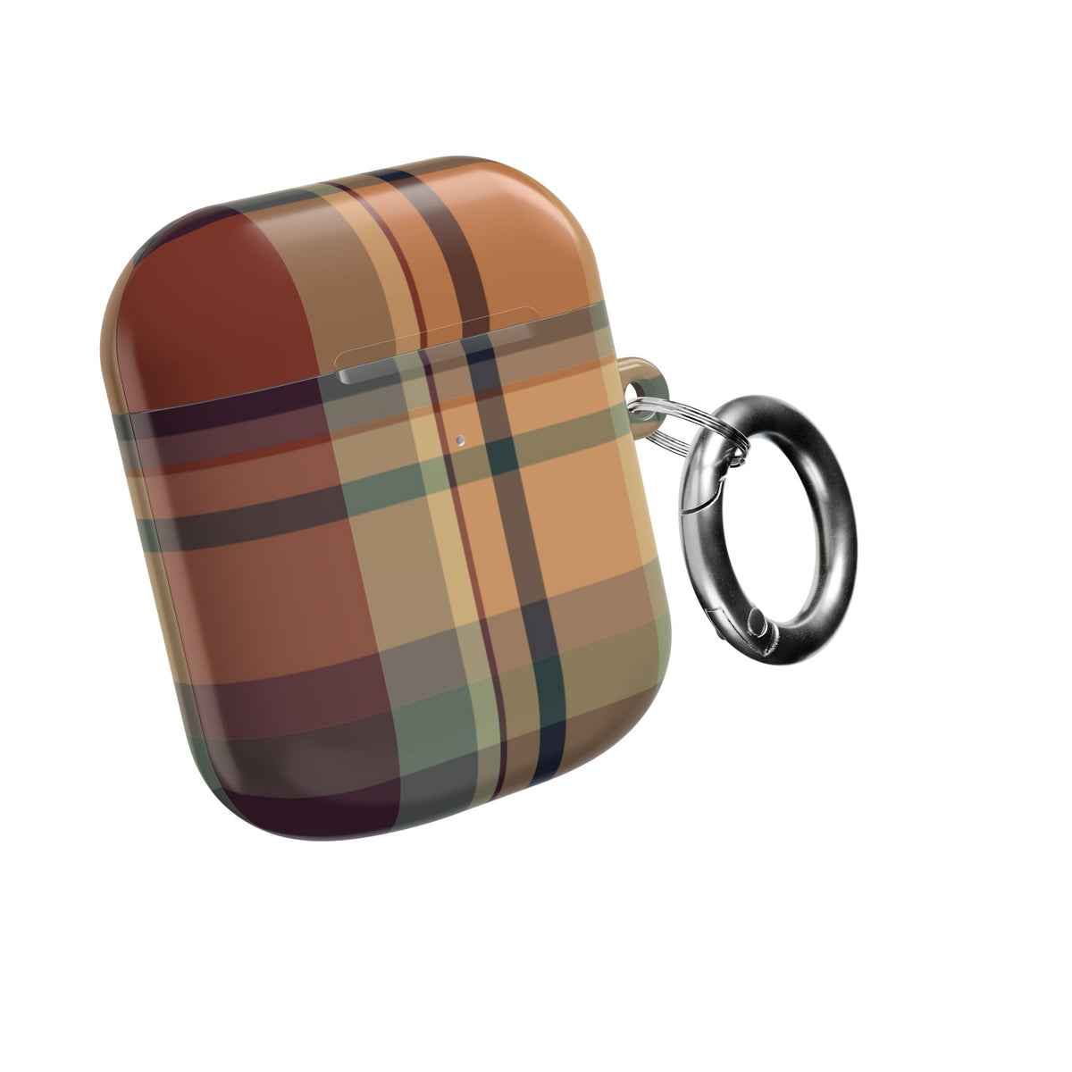 Autumn Plaid AirPods case front view with carabiner