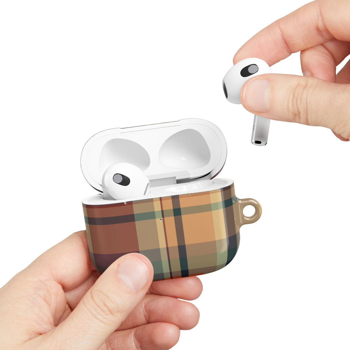 Autumn Plaid AirPods case held in hand while taking out an AirPod