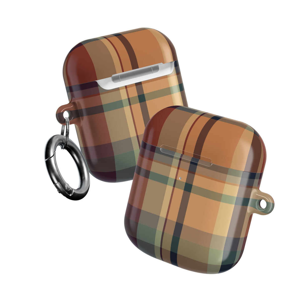 Two Autumn Plaid AirPods cases seen from front and back