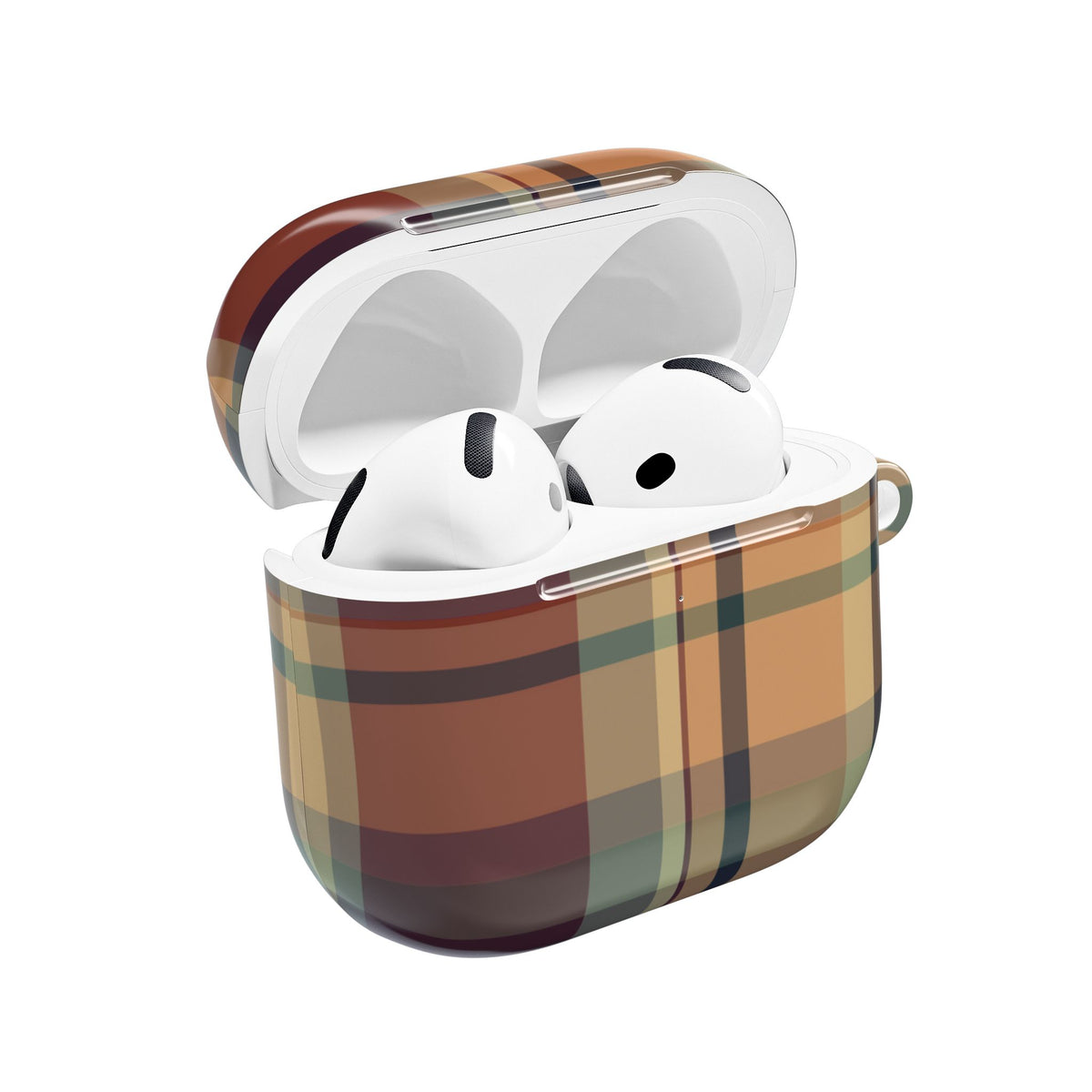 Autumn Plaid AirPods case open with AirPods inside