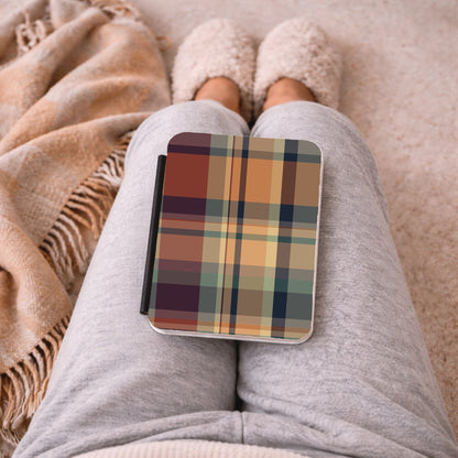 Autumn Plaid Kindle case on a lap with a cozy blanket