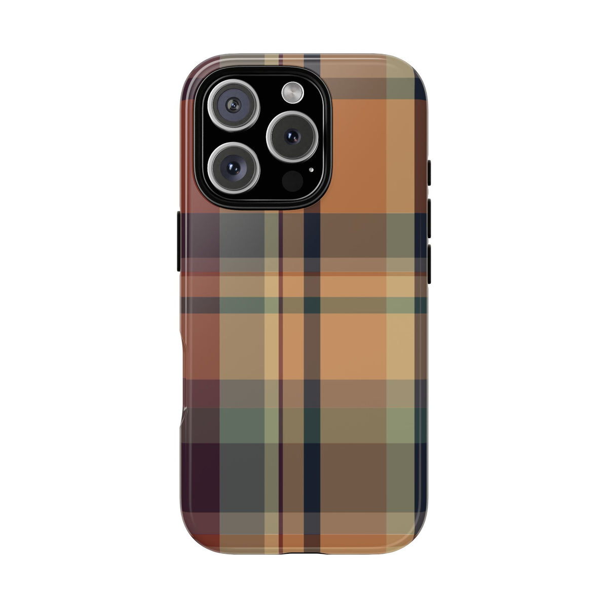 Autumn Plaid tough phone case back view in rust, peach and navy plaid