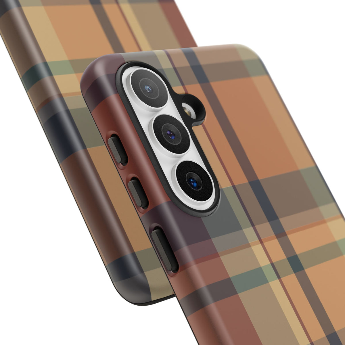 Close-up of the camera cutout on the Autumn Plaid tough phone case