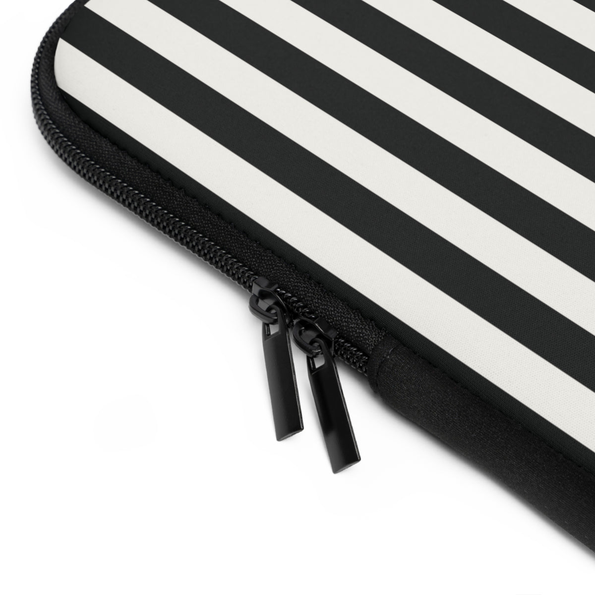 Close-up of the zipper and edge of the Black Cabana Stripe laptop sleeve