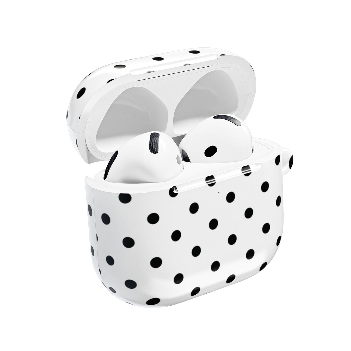 Black Polka Dot AirPods case open with AirPods inside