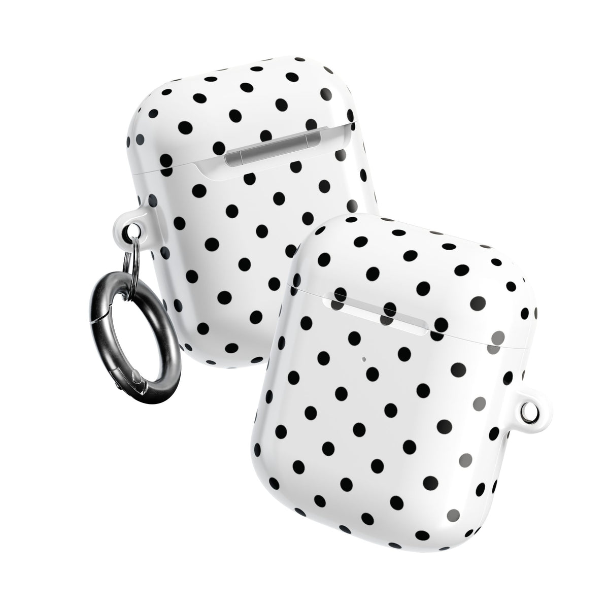 Two Black Polka Dot AirPods cases with carabiner
