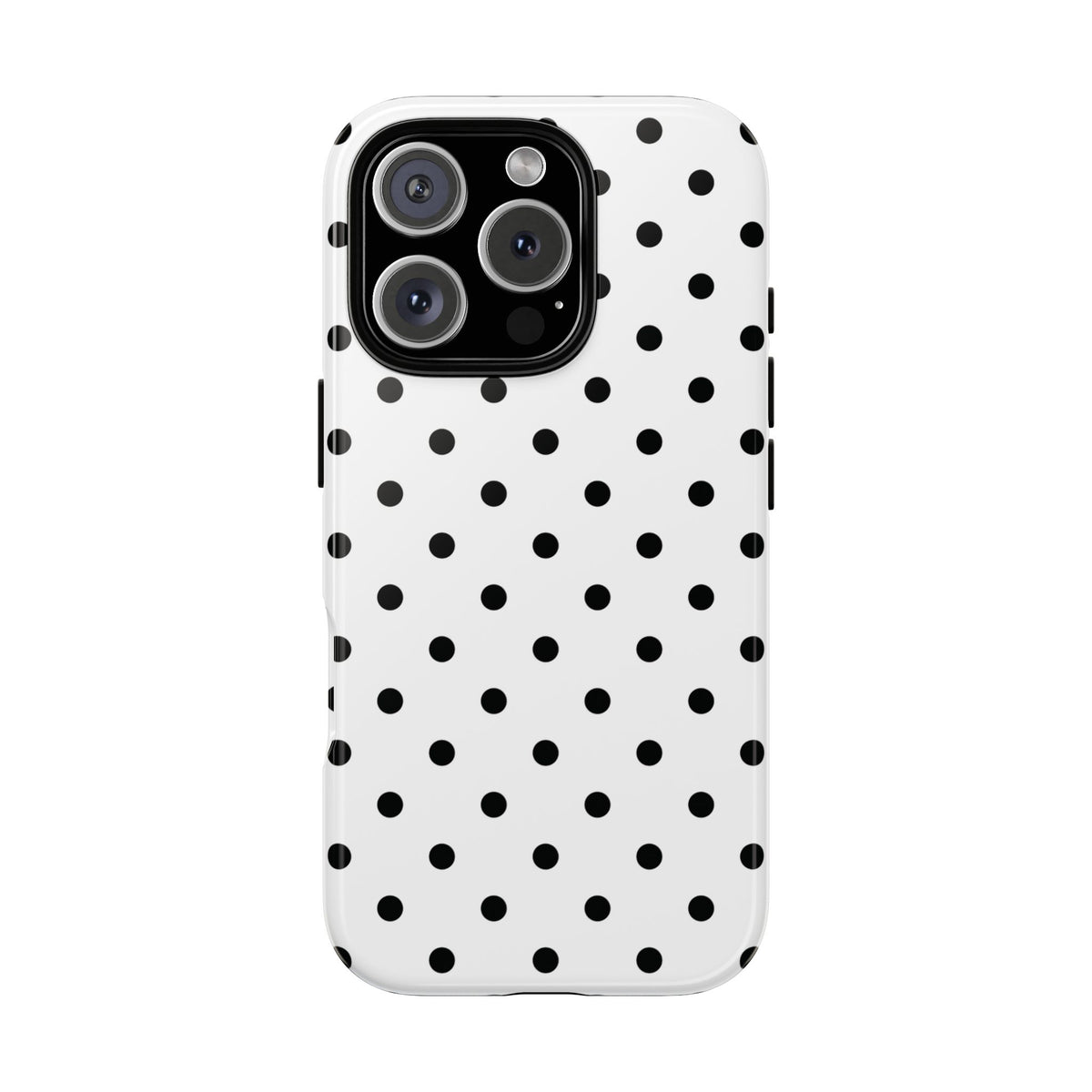 Black Polka Dot tough phone case back view with black dots on off-white