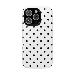 Black Polka Dot tough phone case back view with black dots on off-white