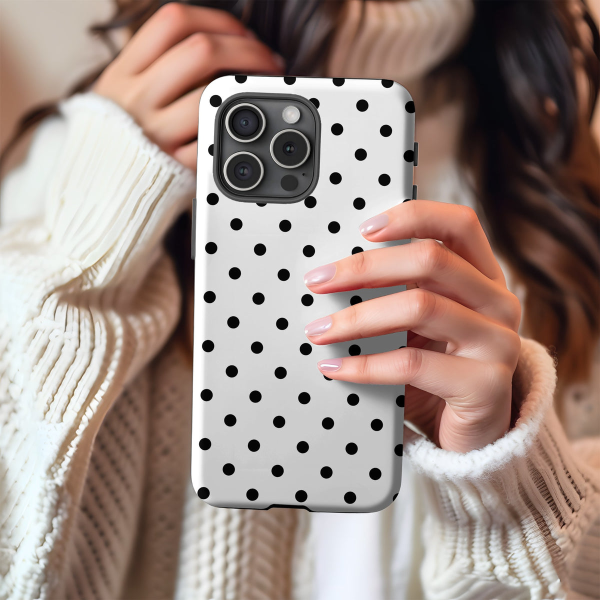 Black Polka Dot tough phone case held up close in one hand