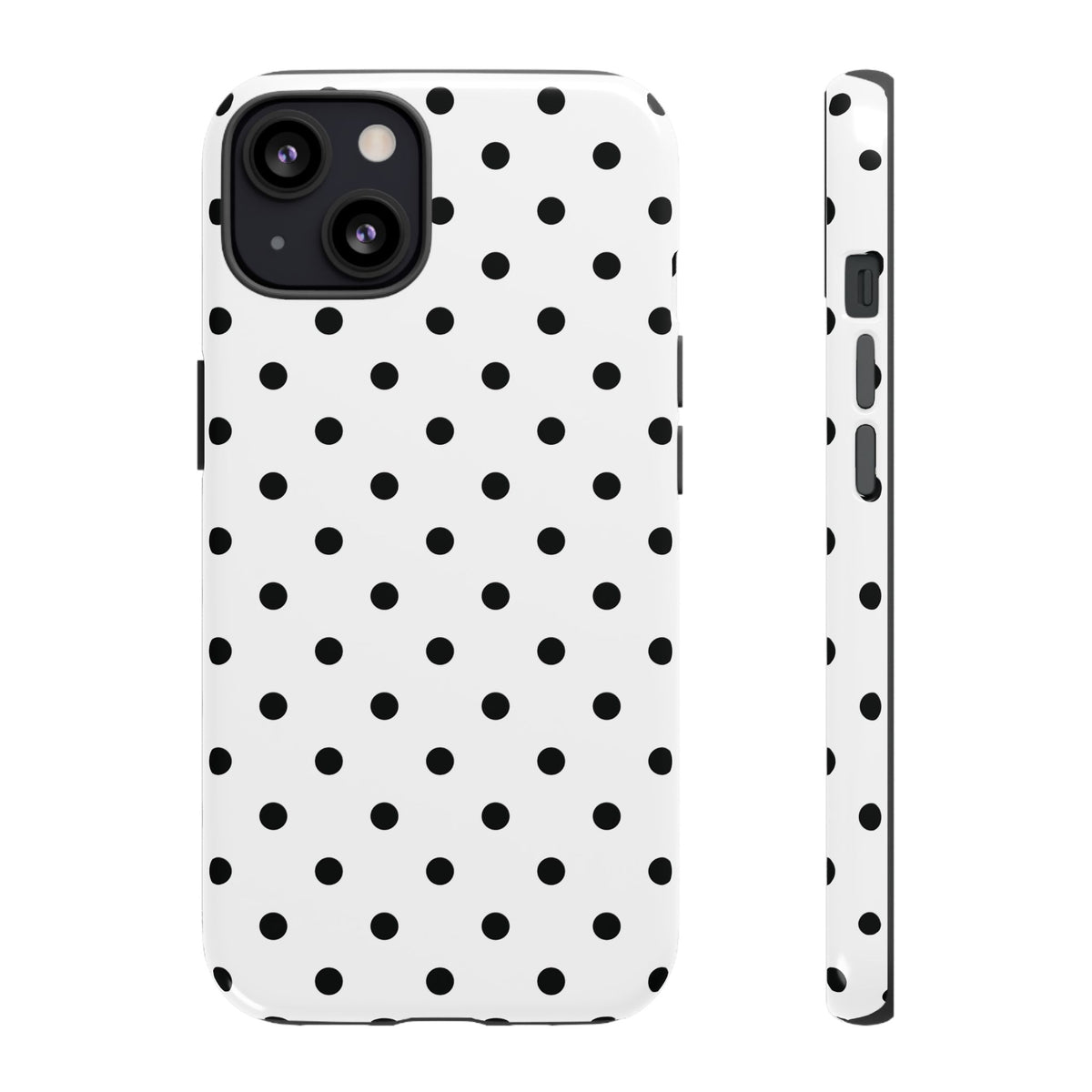 Black Polka Dot tough phone case, back and side view