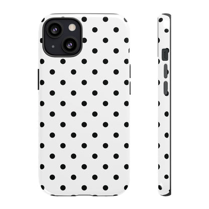 Black Polka Dot tough phone case, back and side view