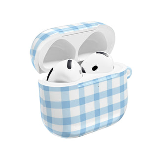 Blue gingham AirPods case open with AirPods inside
