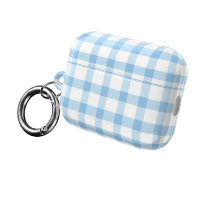 Blue gingham AirPods case closed, with the carabiner clip