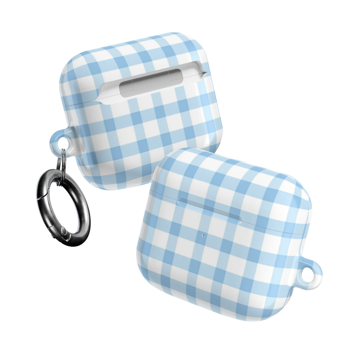 Two blue gingham AirPods cases seen from different angles