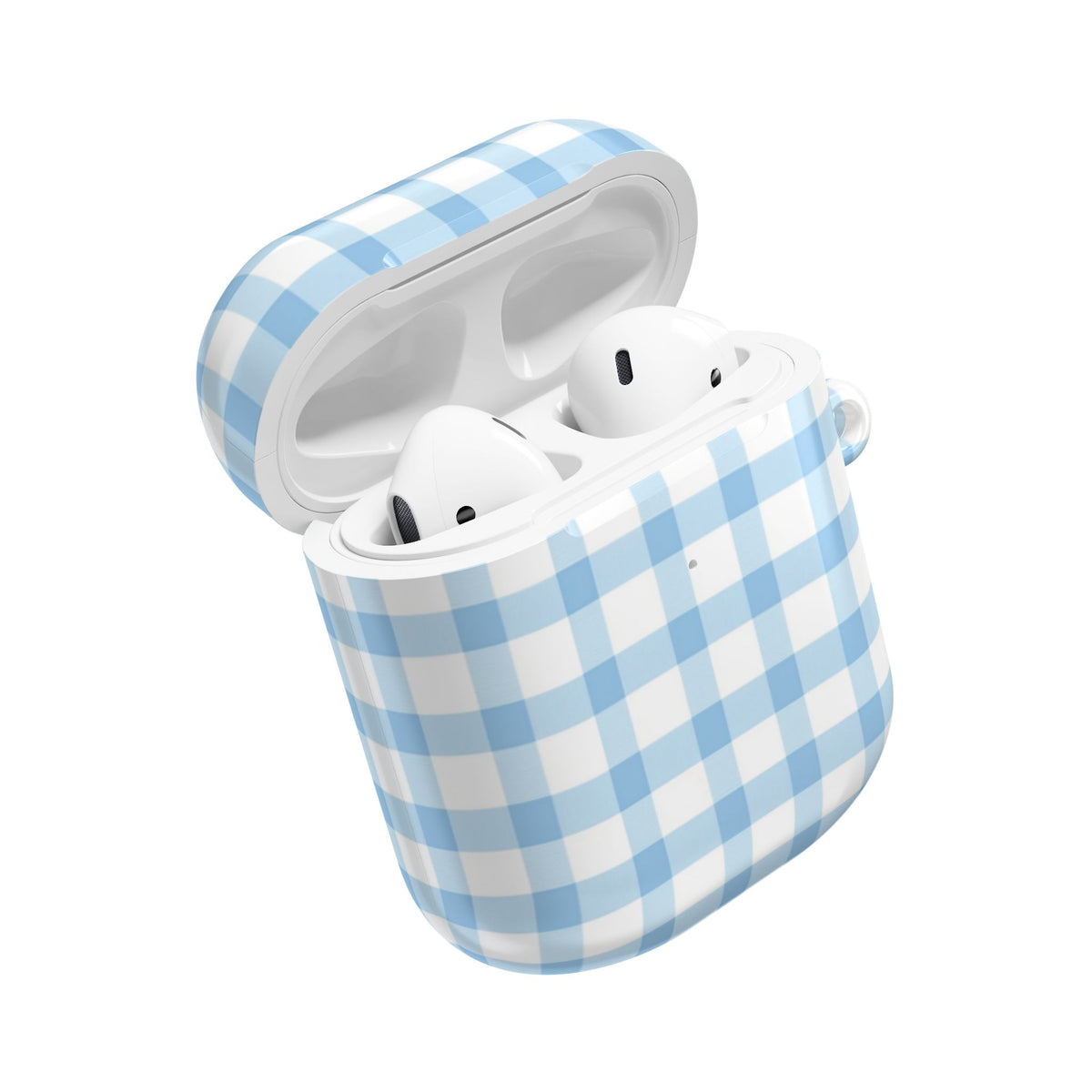 Blue gingham AirPods case open at an angle