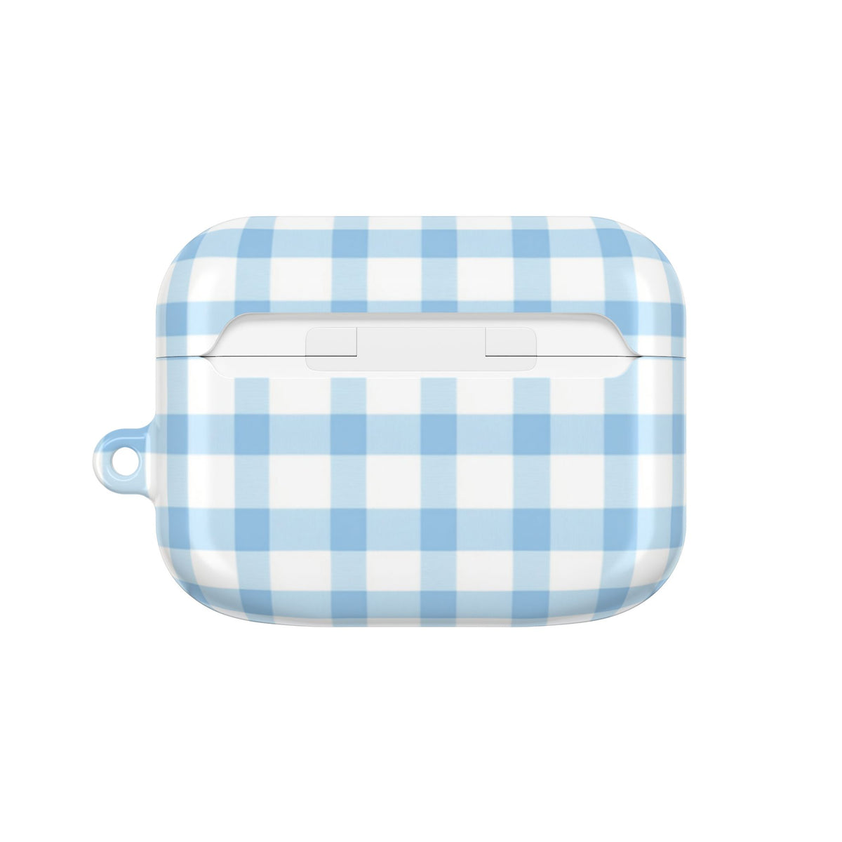 Blue gingham AirPods case closed, back view