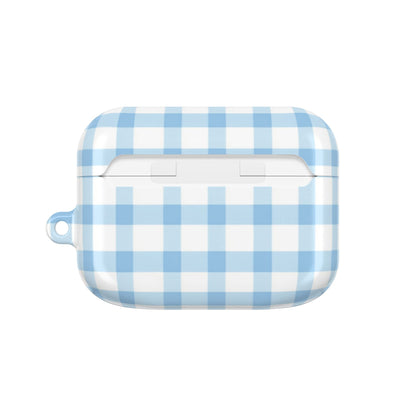 Blue gingham AirPods case closed, back view