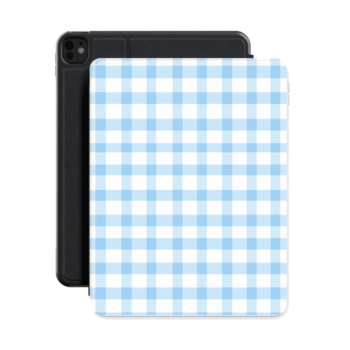 Blue gingham iPad case shown with an iPad