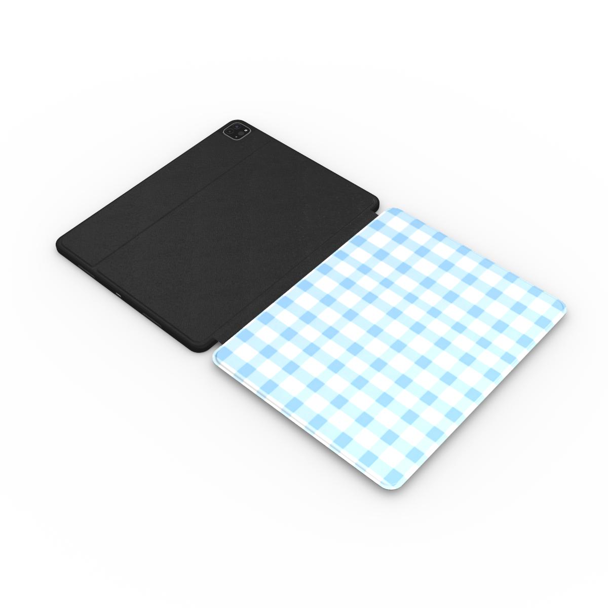 Blue gingham iPad case open, showing the printed front and black back