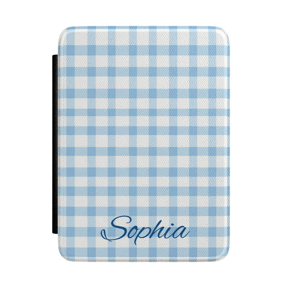 Blue gingham Kindle case front cover with a name in navy script