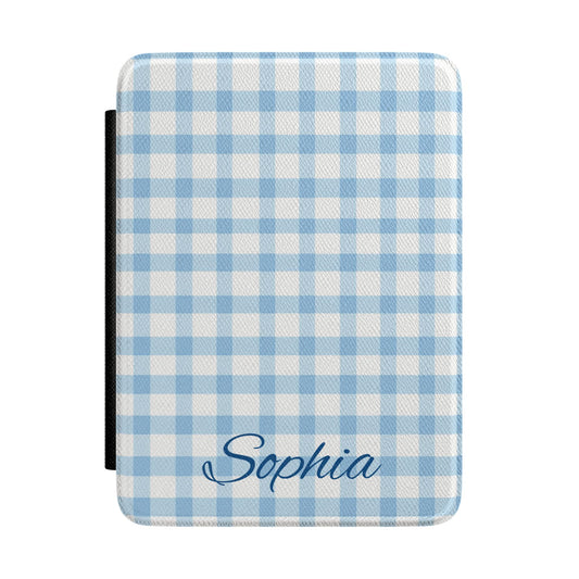 Blue gingham Kindle case front cover with a name in navy script