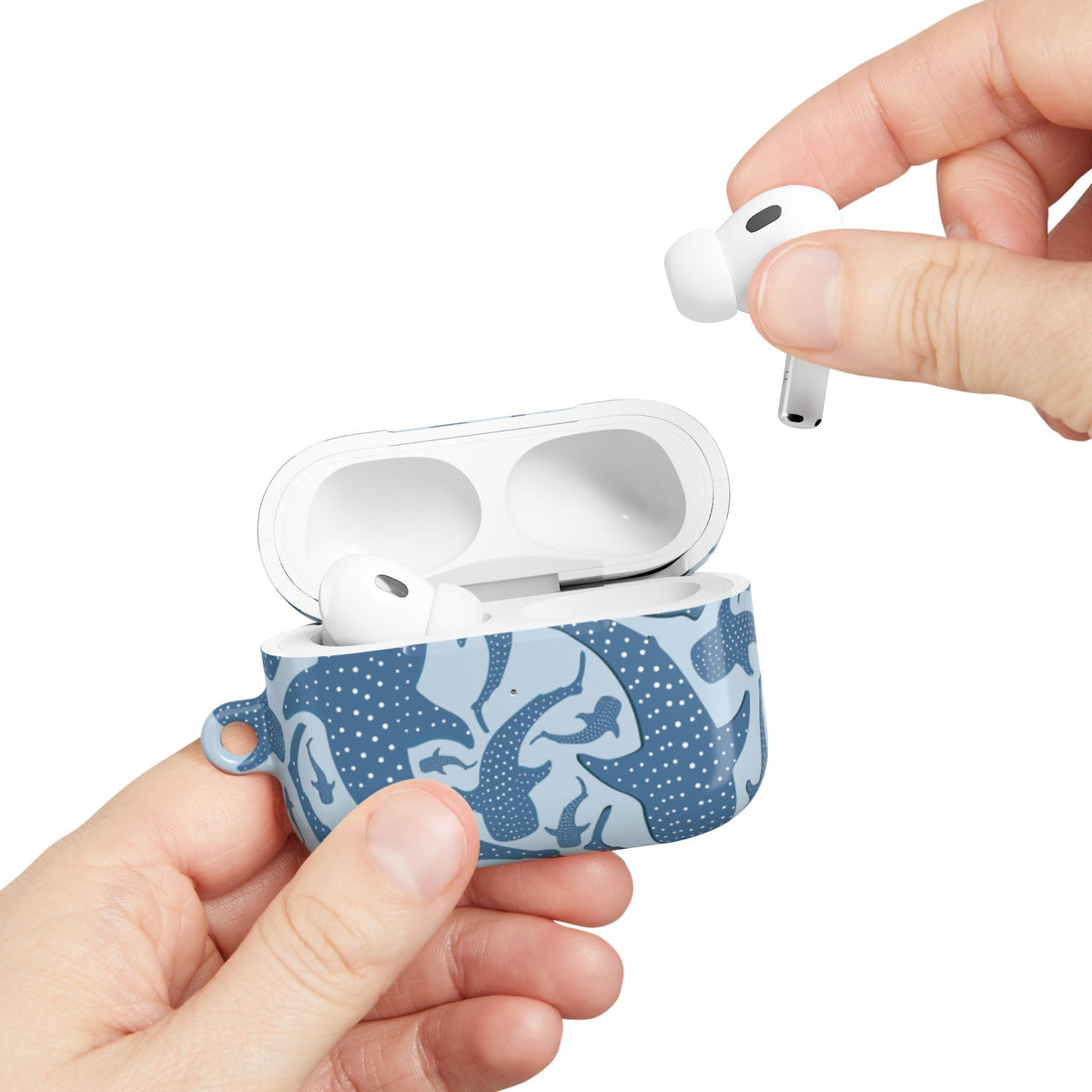 Blue whale shark AirPods case with metal carabiner clip