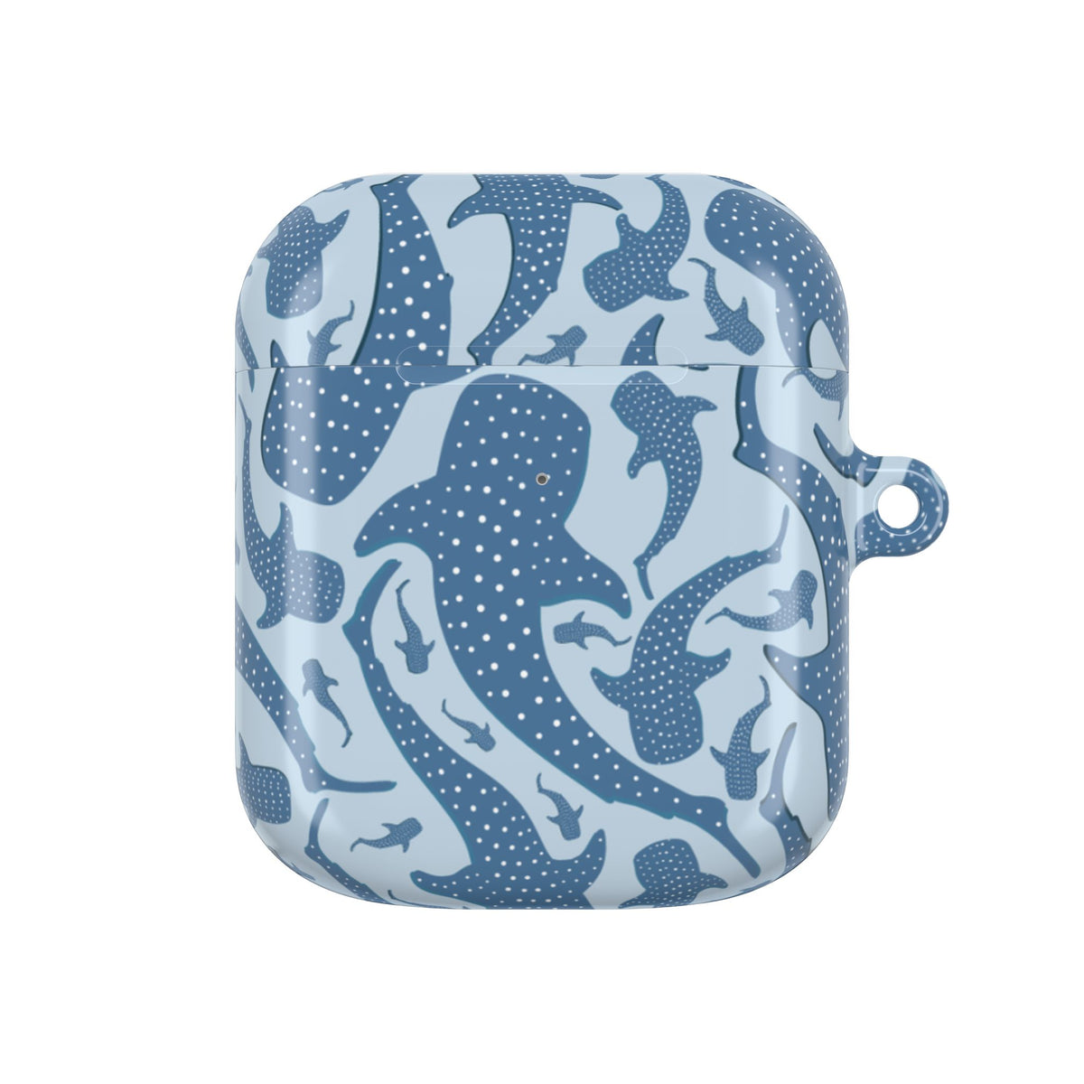 Blue whale shark AirPods case held in hand while taking out an earbud